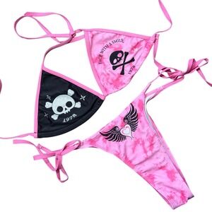 Y2K Mcbling Grunge Skull Rhinestone String Bikini Set Winged Heart Two Piece L